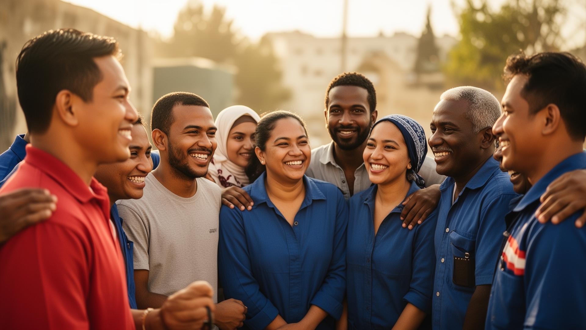 Diverse foreign workers in Israel smiling and supporting each other